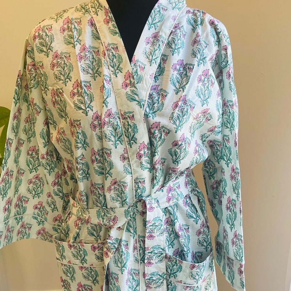 BRAND NEW  Hand Block Print Bath Robe, Women Night Gown, Cotton Kimono Dress